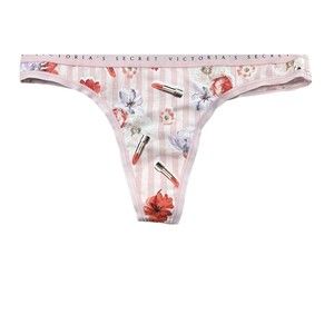 VICTORIA'S SECRET Cotton Thong Panty XS Sexy Coquette Pink Lipstick Stripe NWT